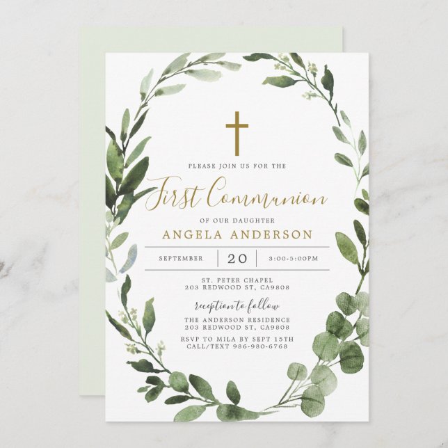 Foliage Greenery First Communion Invitation (Front/Back)