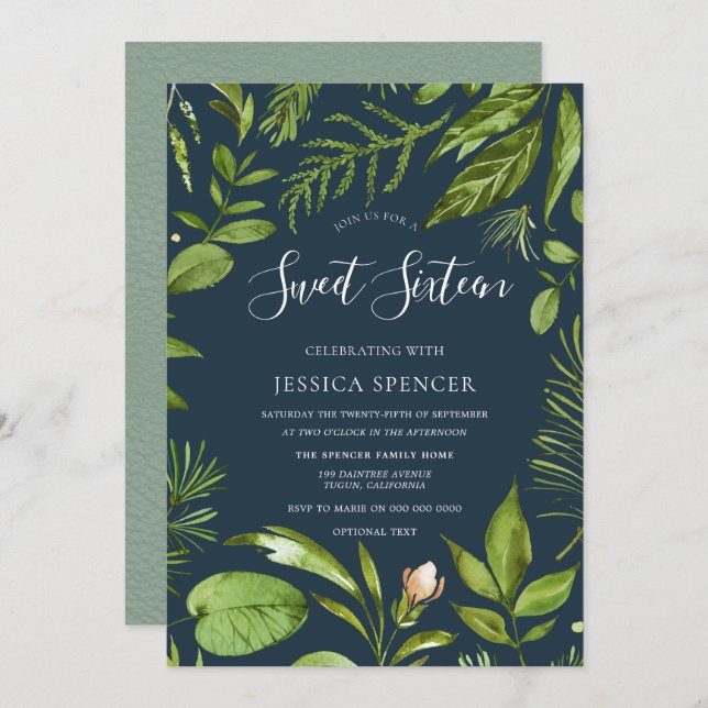 Foliage Greens Modern Nature Sweet 16 Party Invite (Front/Back)