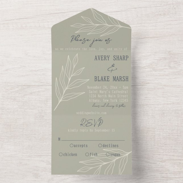 Foliage Leaf Line Art Sage, Cream, & Navy Boho All In One Invitation (Inside)