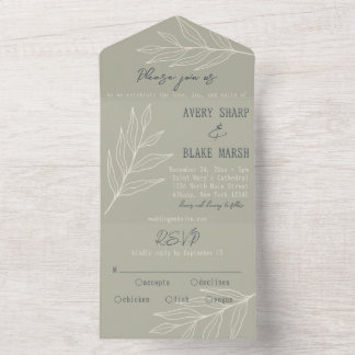 Foliage Leaf Line Art Sage, Cream, & Navy Boho All In One Invitation