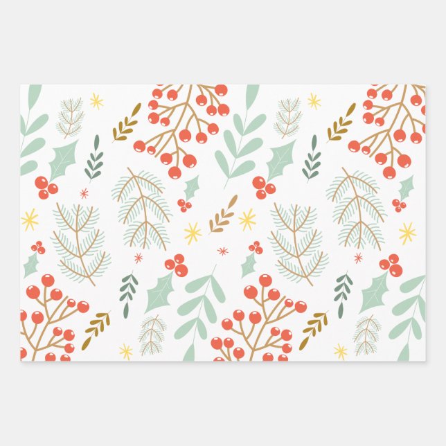 Foliage Leaves Berries Stars Pattern  Wrapping Paper Sheet (Front)