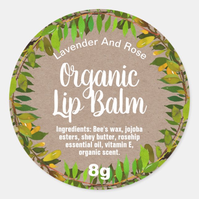 Foliage Leaves Kraft Organic Lip Balm Pot Labels (Front)