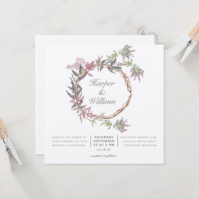 foliage leaves tropical wreath wedding invitation (Front/Back In Situ)