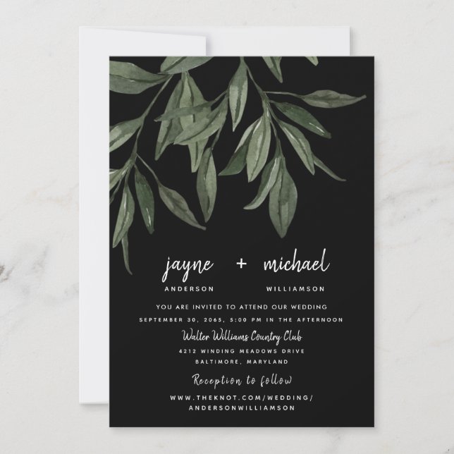 Foliage Modern Font Black Website Wedding Invitation (Front)