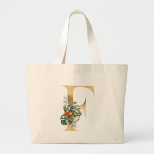 Foliage Monogram F in Gold & Green Large Tote Bag