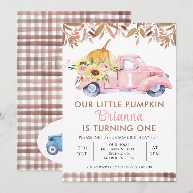 Foliage Pink Truck Little Pumpkin 1st Birthday Invitation (Front/Back)