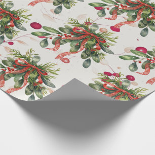Foliage Red Ribbon Christmas Holly Wrapping Paper