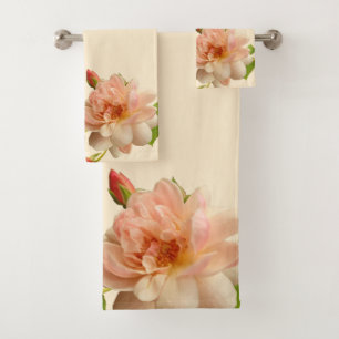Foliage Roses Bud on Peach Background Bath Towel Set