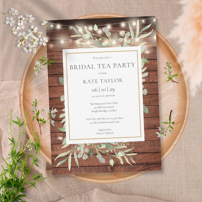 Foliage Rustic Wood String Lights Bridal Tea Party Invitation (Creator Uploaded)