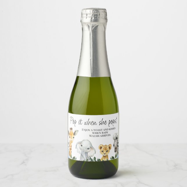 Foliage Safari Animals Baby Shower Pop It  Sparkling Wine Label (Front)