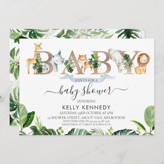Foliage Safari Animals Word Baby Shower Invitation (Front/Back)