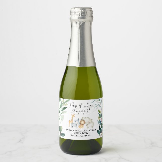 Foliage Safari Baby Shower Pop It  Sparkling Wine Label (Front)