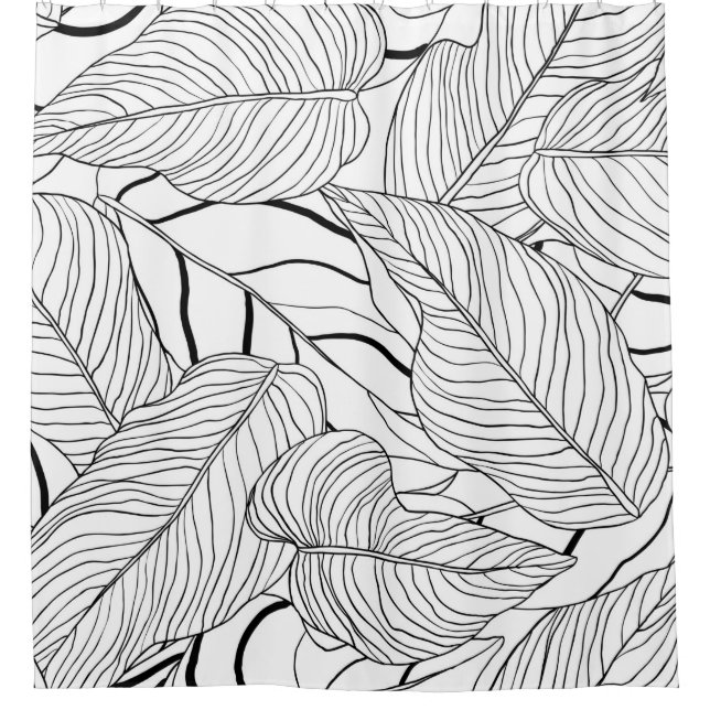 Foliage seamless pattern, long leaves line art ink shower curtain (Front)