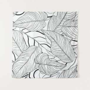 Foliage seamless pattern, long leaves line art ink tapestry