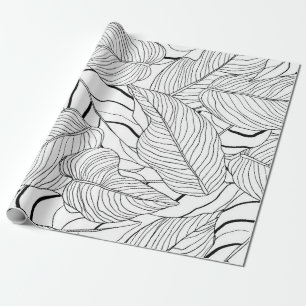 Foliage seamless pattern, long leaves line art ink wrapping paper