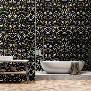Foliage & Swirls Modern Damask Silver Gold Black Wallpaper