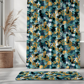 Foliage Teal Aqua Blue Mustard Black White Shower Curtain