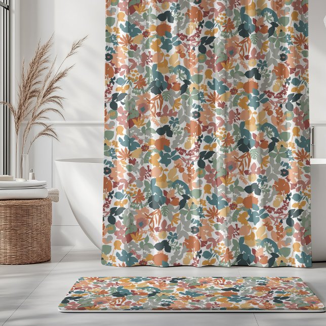 Foliage Teal Sage Terracotta Orange White Shower Curtain (Creator Uploaded)