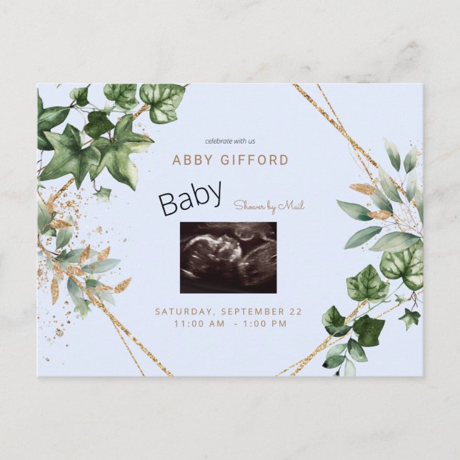 Foliage Ultrasound Gold & Blue Baby Shower by Mail Invitation Postcard (Front)