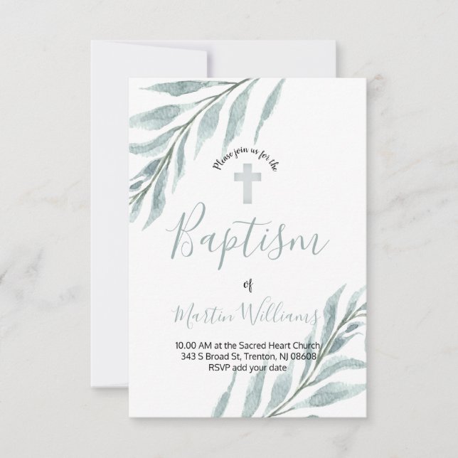 foliage watercolor baptism invitation (Front)