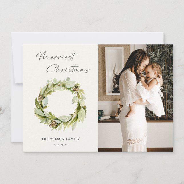 Foliage Winter Wreath Merriest Christmas Photo Holiday Card (Front)