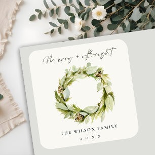 Foliage Winter Wreath Merry & Bright Christmas Square Sticker