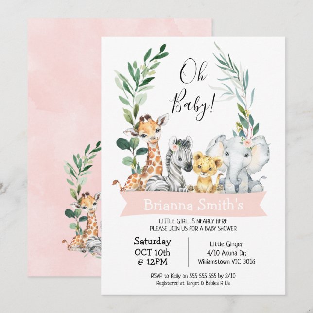 Foliage Wreath Girls Safari Animals Baby Shower Invitation (Front/Back)