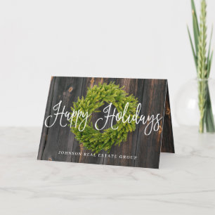 Foliage Wreath on Wood   Happy Holidays Greeting Card