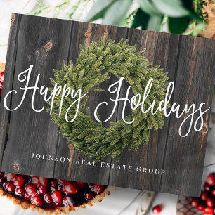 Foliage Wreath on Wood Happy Holidays Greeting Holiday Postcard