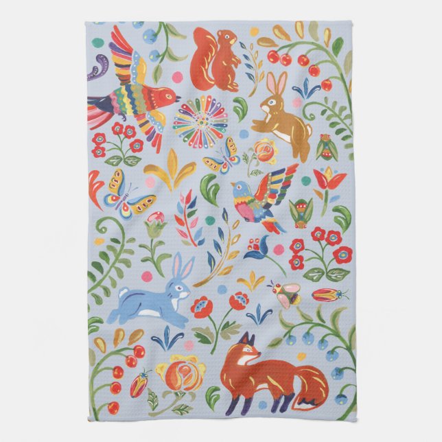 Folk Animal Woodland Floral Blue Cute Fiesta Tea Towel (Vertical)