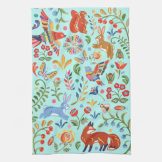 Folk Animal Woodland Floral Turquoise Fiesta Tea Towel
