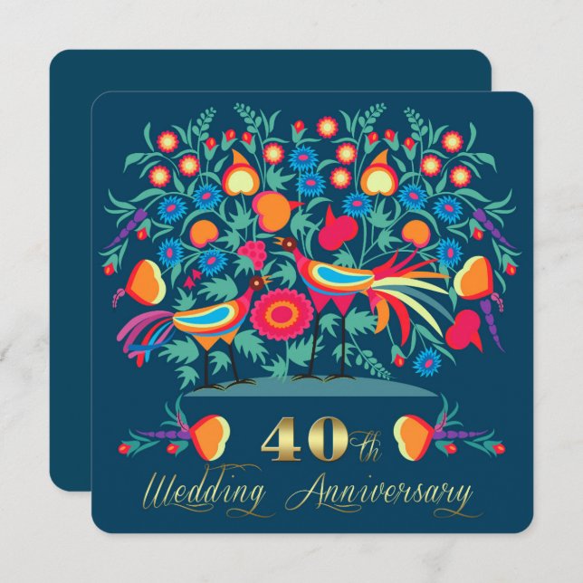Folk Art 40th Wedding Anniversary Party Invitation (Front/Back)