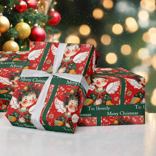 Folk-art Angel Add Recipients Name Christmas Roll Wrapping Paper