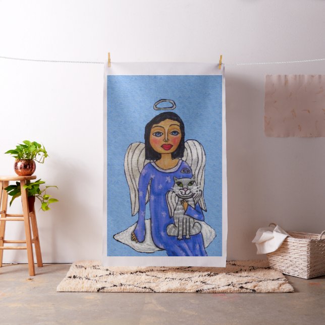 Folk Art Angel Blue eyes White Cat on Cloud Fabric (In Situ)