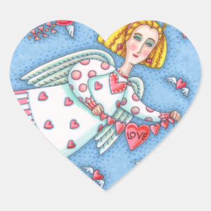 FOLK ART ANGEL, CAT AND FLYING HEARTS HEART STICKER
