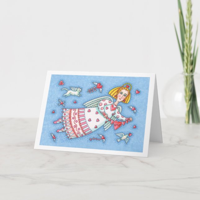 FOLK ART ANGEL, CAT AND FLYING HEARTS THANK YOU CARD (Front)