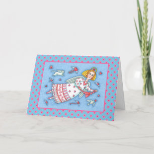 FOLK ART ANGEL, CAT AND FLYING HEARTS VALENTINE HOLIDAY CARD
