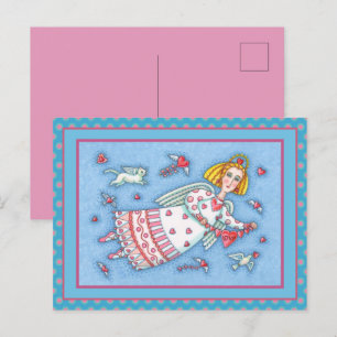 FOLK ART ANGEL, CAT AND FLYING HEARTS VALENTINE HOLIDAY POSTCARD