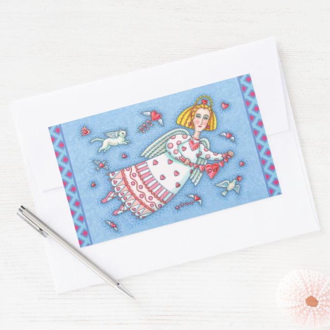 FOLK ART ANGEL, CAT AND FLYING HEARTS VALENTINE RECTANGULAR STICKER (Envelope)