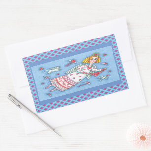 FOLK ART ANGEL, CAT AND FLYING HEARTS VALENTINE RECTANGULAR STICKER