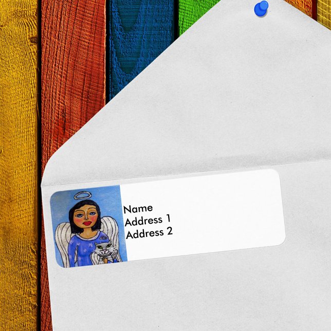 Folk Art Angel Cat Angel (Angel holding white cat angel on sky blue and white return address label.)