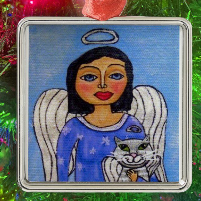 Folk Art Angel Cat Angel Metal Tree Decoration (Angel silver halo holding white angel cat on light blue Christmas hanging ornament.)