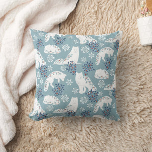 Folk Art Arctic Fox in the Snow with Holly Cushion