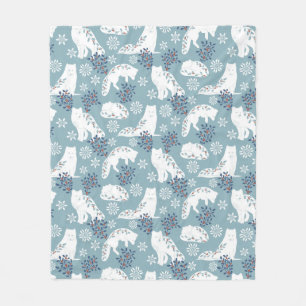 Folk Art Arctic Fox in the Snow with Holly Fleece Blanket