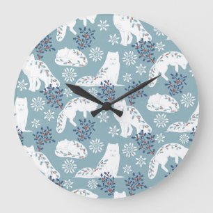 Folk Art Arctic Fox in the Snow with Holly Large Clock