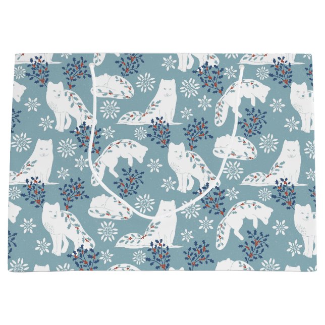 Folk Art Arctic Fox in the Snow with Holly Large Gift Bag (Front)