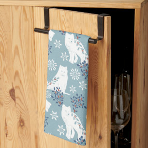 Folk Art Arctic Fox in the Snow with Holly Tea Towel