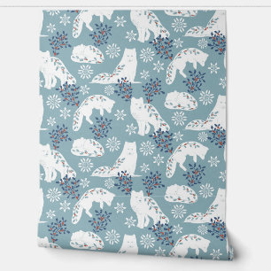 Folk Art Arctic Fox in the Snow with Holly Wallpaper