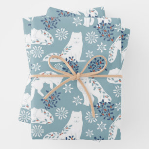 Folk Art Arctic Fox in the Snow with Holly Wrapping Paper Sheet