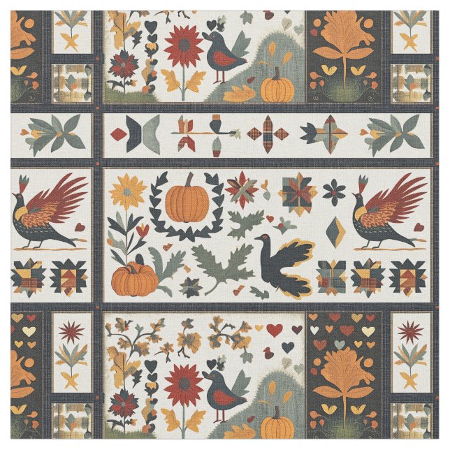 Folk Art Autumn Quilt Pattern | Rustic Harvest Fabric (Close Up)